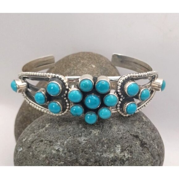 Turquoise Flower Cluster Cuff Bracelet Sterling Silver - Picture 1 of 6